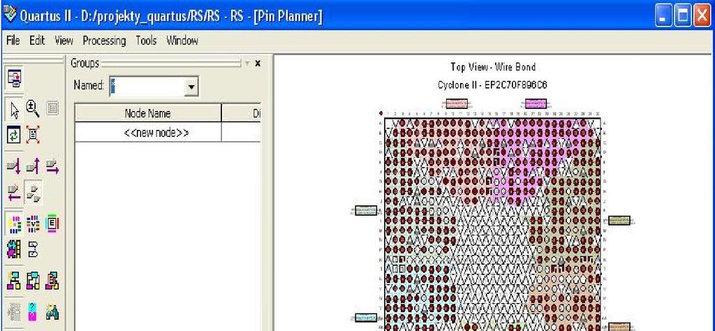 Edycja powiązań dla portów schematu wykorzystanie Pin Planer Po kompilacji porty projektowanego układu pojawią się na liście węzłów w
