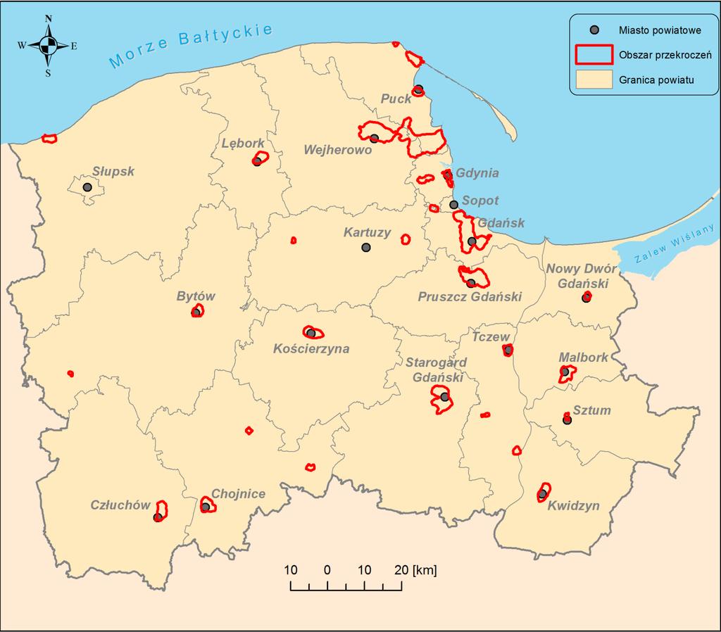 Rys.8.4 Obszary przekroczeń benzo(a)pirenu w pyle PM10 Ozon W województwie pomorskim spełnione są obowiązujące kryteria dotyczące poziomu docelowego dla ochrony zdrowia ludzi oraz ochrony roślin.