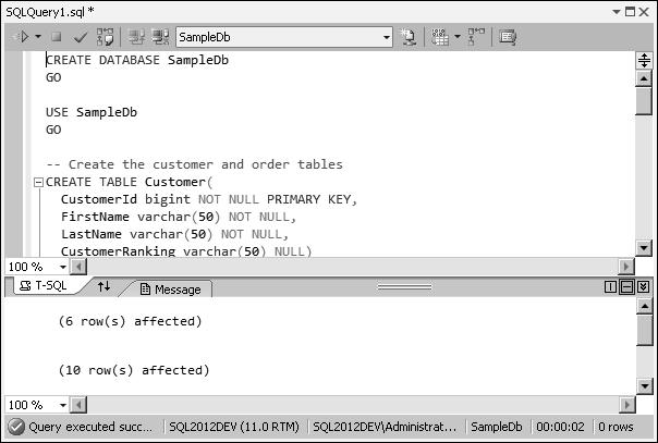 18 Rozdział 1: Omówienie pakietu oprogramowania SQL Server Data Tools RYSUNEK 1-4 Okno zapytań po pomyślnym wykonaniu skryptu w języku T-SQL Wykonamy teraz dwa zapytania zwracające pewne dane.