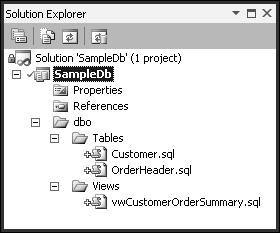 32 Rozdział 1: Omówienie pakietu oprogramowania SQL Server Data Tools RYSUNEK 1-12 Objęty kontrolą wersji projekt typu SQL Server Database Project po jego importowaniu z bazy danych Oprogramowanie