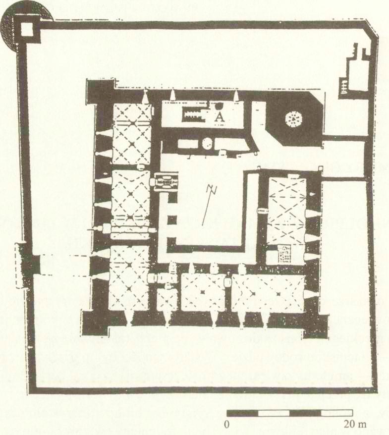 Ground level layout of the Teutonic castle at Brodnica with the place where the encolpion was found ców typu hypokaustycznego, kanałów grzewczych oraz odkopano całą kamienną cembrowinę studni wraz z