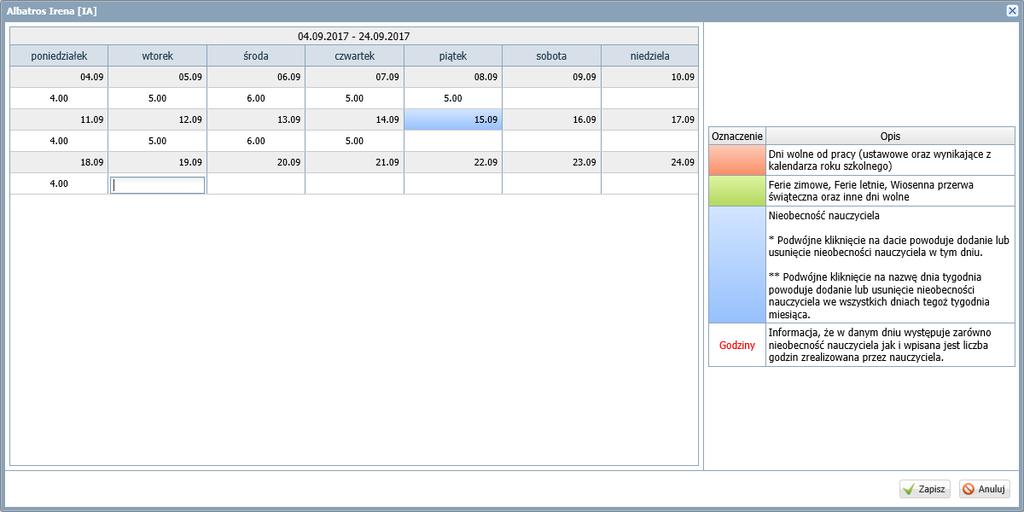 W oknie, które się wyświetli, przeczytaj legendę po lewej stronie, aby dowiedzieć się, jak wprowadzać nieobecności nauczycieli i co oznaczają kolory stosowane w tabeli. 4.