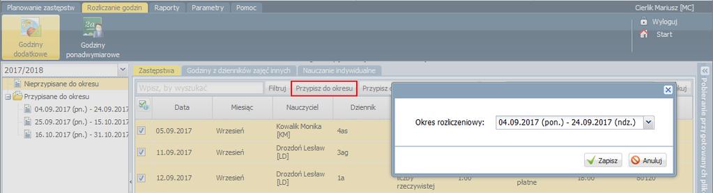 indywidualnego. 1. Przejdź do widoku Rozliczanie godzin/ Godziny dodatkowe. 2. W drzewie danych wybierz gałąź Nieprzypisane do okresu.