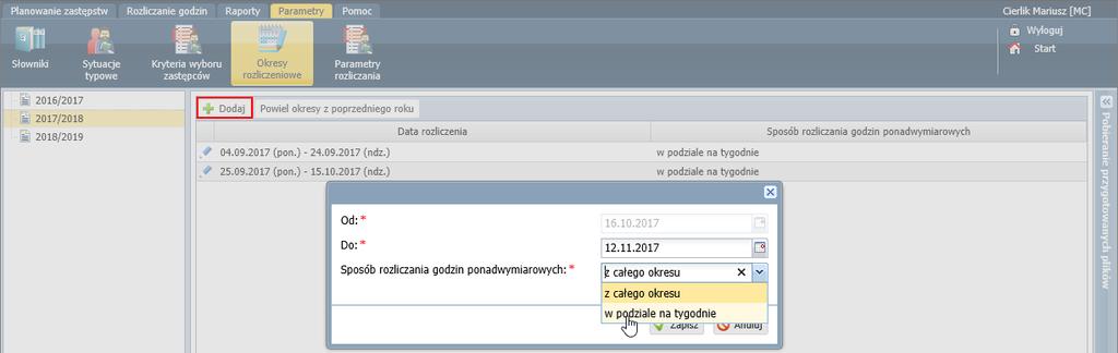 UONET+. Rozliczanie godzin nauczycieli 2/17 Definiowanie okresów rozliczeniowych Okresy, za które w jednostce rozliczane są godziny nauczycieli, definiujemy w widoku Parametry/ Okresy rozliczeniowe.