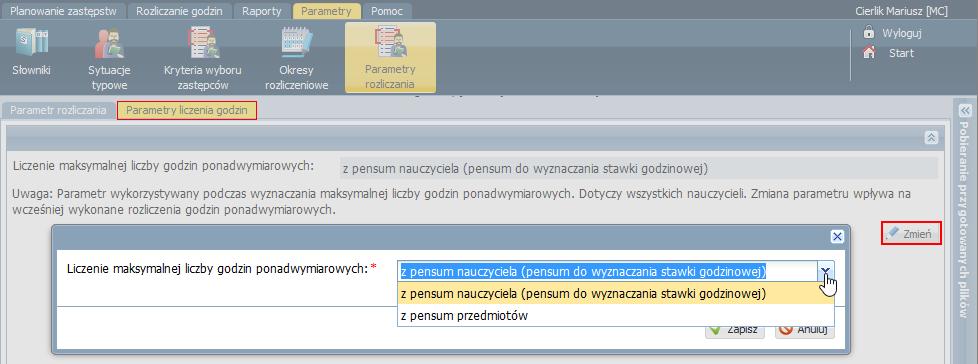 UONET+. Rozliczanie godzin nauczycieli 3/17 Wybór pensum do liczenia maksymalnej liczby godzin ponadwymiarowych 1.