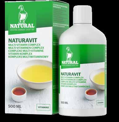 Skład Natural Naturavit skomponowano w oparciu o najnowsze badania naukowe, co gwarantuje, że gołębie otrzymają zbilansowaną dawkę witamin, w tym wszystkie najważniejsze: Witaminę B1, która umożliwia