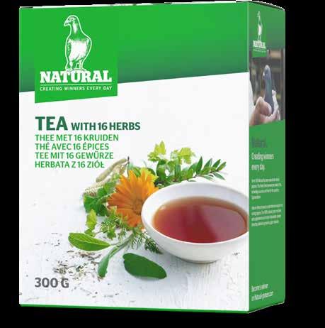 Natural Herbata z 16 ziół Mieszanka 16 ziół Dzięki długotrwałym badaniom wiemy, że Natural Herbata w całkowicie naturalny sposób, podnosi kondycję gołębi podczas sezonu lotowego.