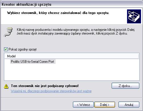 Po zakończeniu instalacji należy uruchomić ponownie komputer oraz wypiąć i wpiąć ponownie interfejs do portu USB komputera. Jeśli żółte kółko z czarnym wykrzyknikiem (rys.