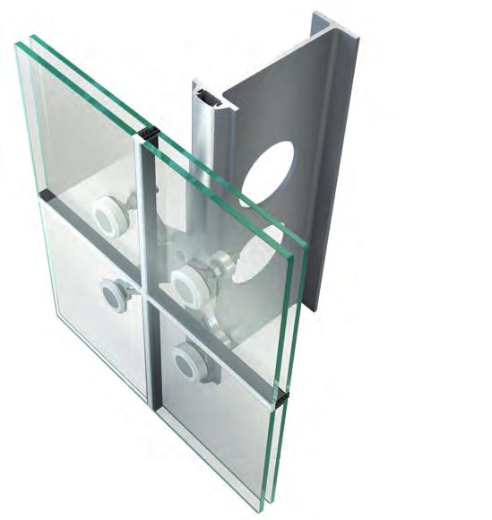 Poliedra-Sky Glass 180 Charakterystyki Fasada mocowana punktowa podwieszana ze słupem pionowym Szyba mocowana złączami ze stali nierdzewnej Słup z aluminium o różnych kształtach i wymiarach Grubość