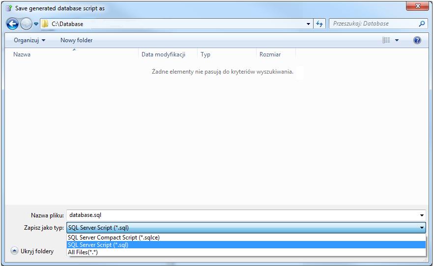 Wskaż ścieżkę do folderu i nadaj nazwę skryptowi SQL (*.