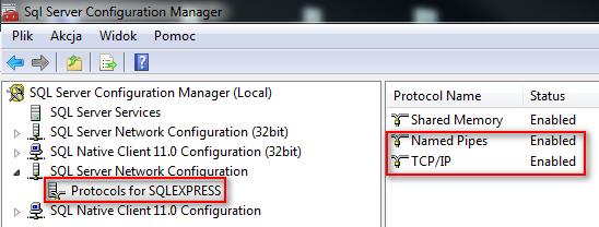 W drzewku nawigacyjnym wskaż pozycję Protocols for SQLEXPRESS a następnie dla protokołów Named