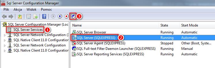Wybierz Sql Server Services (1), następnie SQL Server (SQLEXPRESS) (2) i na koniec przycisk