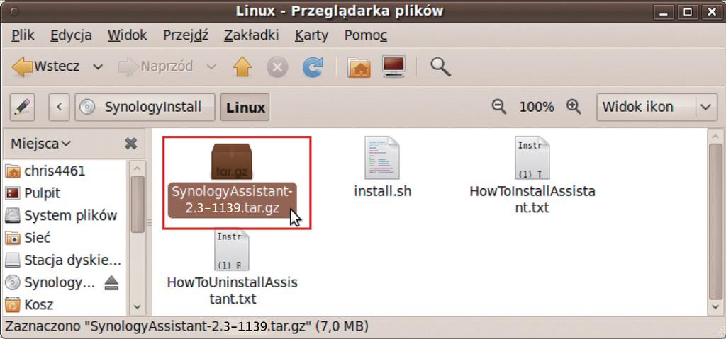 /path/install/synologyassistant/synologyassistant Możesz także uruchomić skrót: /usr/local/bin/synologyassistant Jeśli katalog /usr/local/bin istnieje w zmiennej środowiskowej $PATH, wpisz tylko: