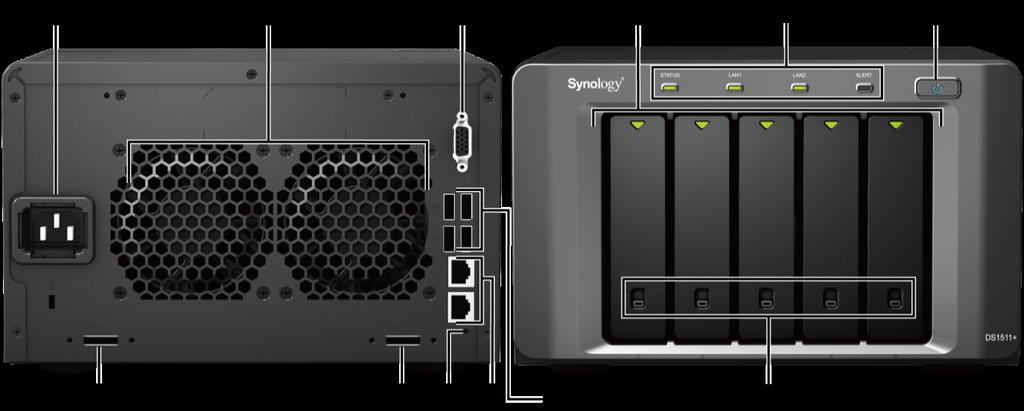 Elementy serwera Synology DiskStation Lp. Element Lokalizacja Opis 1) Przycisk zasilania Panel przedni Przycisk zasilania służy do włączania i wyłączania serwera Synology DiskStation.