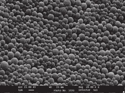 różne barwniki (po wzbudzeniu światłem UV) Fluorescence of polyacrylate microspheres, shown under microscope with fluorescence unit, picture of microspheres from electron microscope and emission of