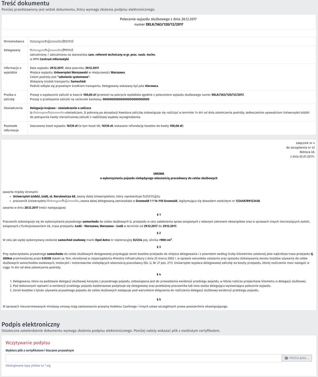 Delegacja krajowa obieg z podpisem elektronicznym - proces składania Treść dokumentu przykład delegacji z umową na samochód (pkt. 2b) 3.