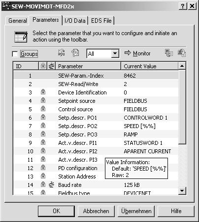 MOVIMOT pokazywane są parametry fieldbus złącza.