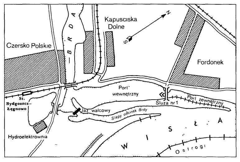 Mapa 5 Port w Brdy ujściu Ta prowizoryczna baza OW rzeki Wisły nie miała, poza artylerią i bronią maszynową kutrów, żadnej obrony przeciwlotniczej, aby zaś utrzymać łączność ze sztabem armii, trzeba