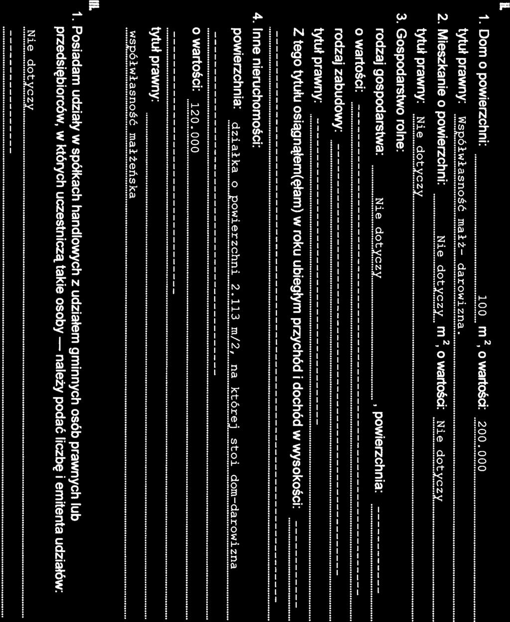 IŁ 1. Dom opowierzchni: 100m2,Qwartości: 200.000 Współwłasność małż- darowizna. 2. Mieszkanie o powierzchni: m 2, o wartości: 3.