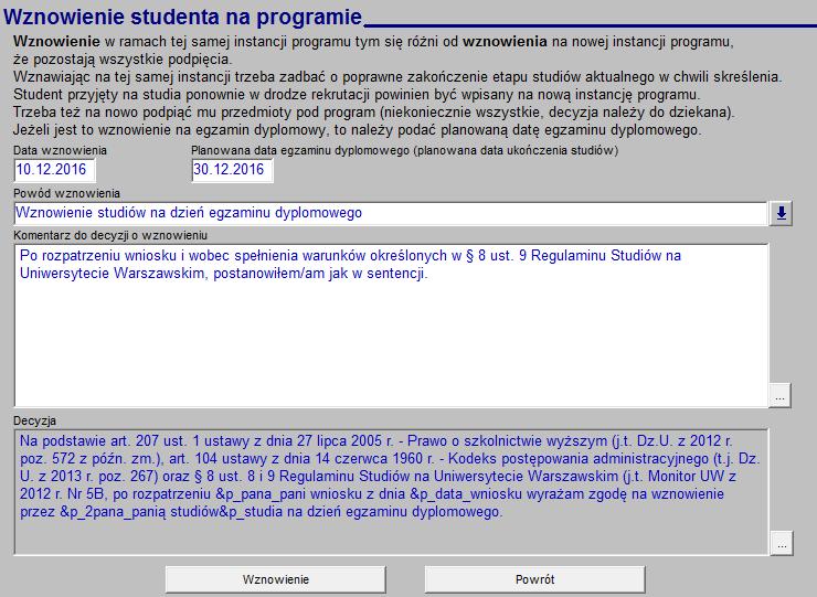 Rys. 22 Kanwa dostępna pod przyciskiem Wznowienie na studia W efekcie status studenta zmienia się na STU (Rys.