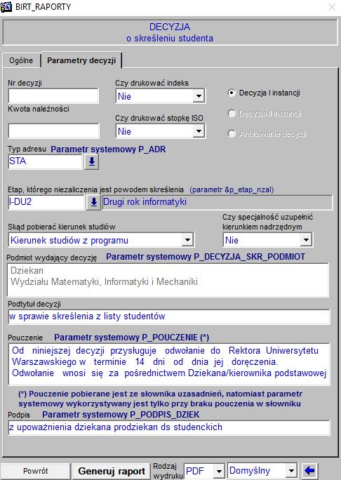 Rys. 5 Kanwa parametrów raportu Decyzja o
