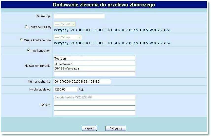 Rozdział 12 Przelewy zbiorcze! Inny kontrahent - opcja wyboru innego kontrahenta,! Nazwa kontrahenta - dane kontrahenta,!