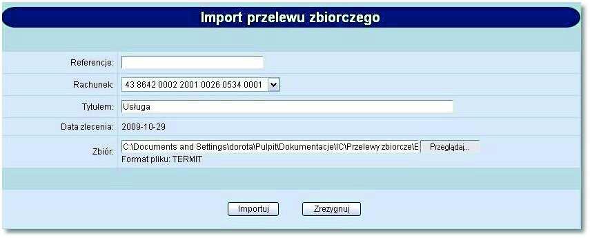 Rozdział 12 Przelewy zbiorcze! Zdefiniować referencje własne klienta, pole nie jest wymagane,! Wybrać z dostępnej listy rachunek, z którego zostanie zrealizowana dyspozycja przelewu zbiorczego,!