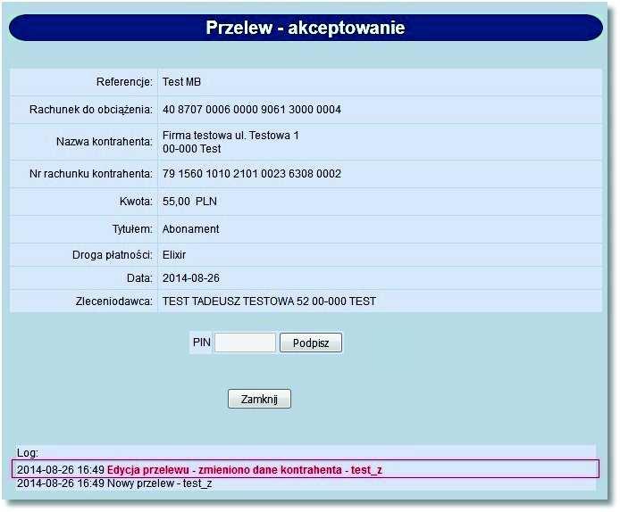 Rozdział 9 Przelewy Informacja taka wyświetlona jest czerwoną, pogrubioną czcionką i widoczna jest tylko wtedy, gdy podczas edycji danych przelewu zmieniono również nazwę lub rachunek kontrahenta.