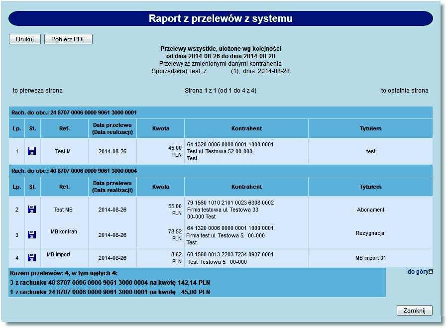 Rozdział 9 Przelewy Nie zaznaczenie checkboxa przelewy ze zmienionymi danymi kontrahent spowoduje, że przelewy do raportu będą wyszukiwane bez uwzględniania kryterium edycji danych kontrahenta. 9.26.