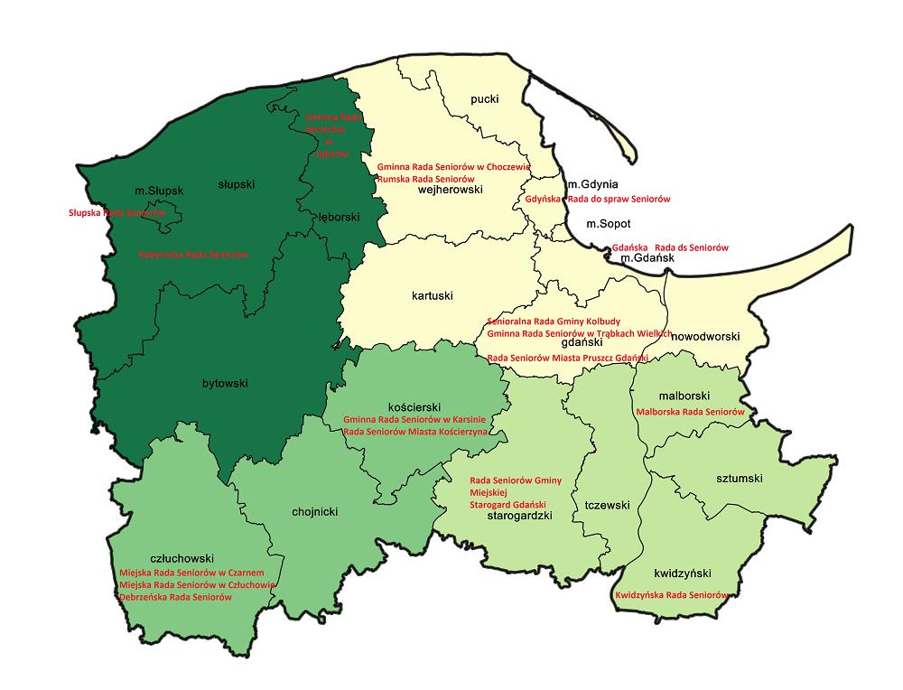 4.3. Rady Seniorów W 2016 roku wzrosła się do 18 liczba gmin w województwie pomorskim, które utworzyły ciało o charakterze konsultacyjnym, doradczym i inicjatywnym - gminną radę seniorów, tym samym