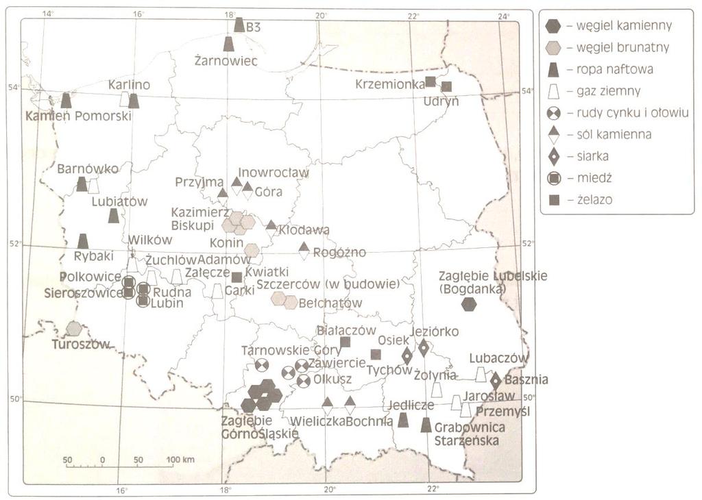 Cechy środowiska: - - Zadanie 13 (0-3p) Mapa przedstawia występowanie najważniejszych surowców mineralnych w Polsce. Wykonaj polecenia na podstawie mapy oraz własnej wiedzy.