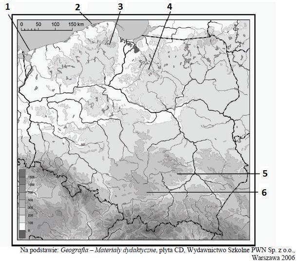 Zadanie 1 (0-3p.) Na mapie hipsometrycznej zaznaczono cyframi 1 6 wybrane miejsca w Polsce.