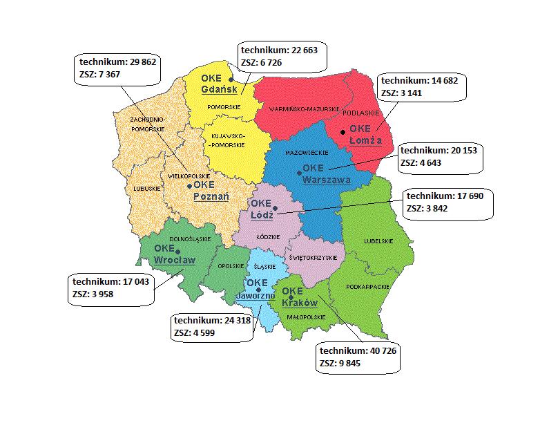 Liczba absolwentów techników szkół policealnych i zasadniczych szkół zawodowych, którzy przystąpili do egzaminu potwierdzającego kwalifikacje zawodowe w czerwcu 2013 roku z podziałem na okręgowe