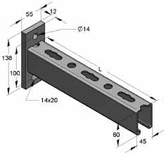 System montażowy 45 Konsola gotowa 45/60/3,0 mm, wzdłużna Konsola gotowa 45/60/3,0 mm Profil otwarty szyny do dołu Typ materiału: S235JR, fy = 235 N/mm 2 Wymiary płyty: 138 x 55 x 12,0 mm Materiał