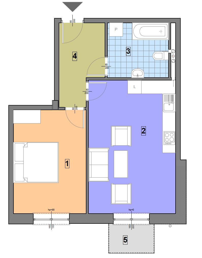 9 typ 3-B 10 typ 1-B 3 I 2/3 powierzchni 2,64 m 2. każdy. Kuchnia w osobnym pomieszczeniu od północy. 4 I 2 Mieszkanie dwupokojowe z balkonem o powierzchni 2,64 m 2 Okna na południe i północ.