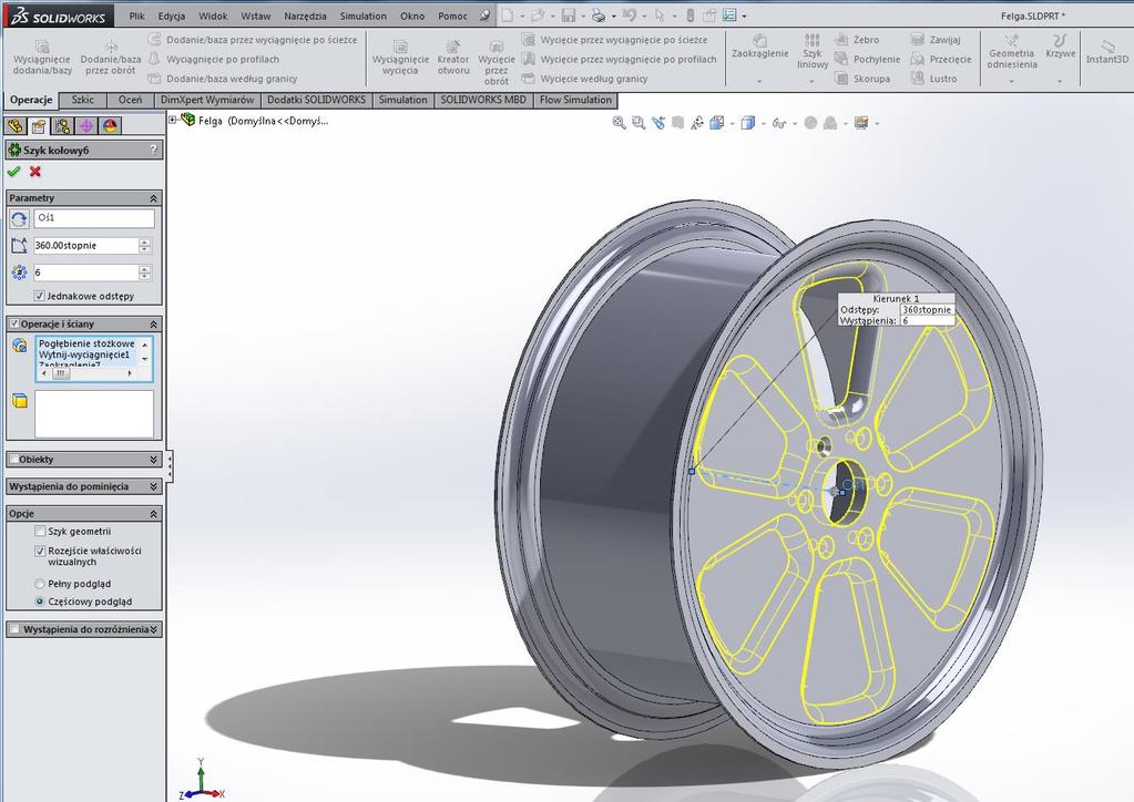 Jako oś obrotu należy wskazać powierzchnię walcową felgi program