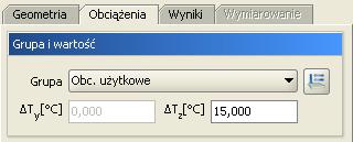 Obciążenia układu Przy wprowadzaniu obciążeń termicznych polegających na podgrzaniu całości pręta, należy na zakładce Obciążenia zdefiniować następujące parametry: Wybrać z listy Grupa, właściwą dla