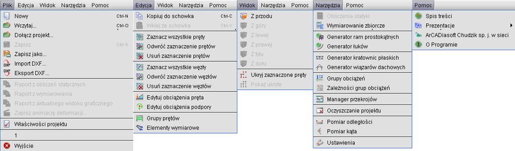 Instalowanie i uruchamianie programu Wyświetlenie zaawansowanego podglądu 3D Okno zależności grup obciążeń i kombinacji Okno definicji grup obciążeń Uruchamianie obliczeń statycznych Wymiarowanie