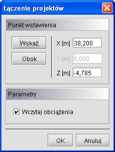 lub wpisanie współrzędnych punktu wstawienia dołączanego projektu. Opcja Obok pozwala na wstawienie dołączanego projektu bez zastanawiania poza gabarytami projektu istniejącego.