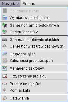 Podstawy Rys. 3.29 Menu Narzędzia Główne okno generatora składa się z dwóch podstawowych, aktywnych zakładek: Kratownice płaskie i Wiązary dachowe: 4.7.