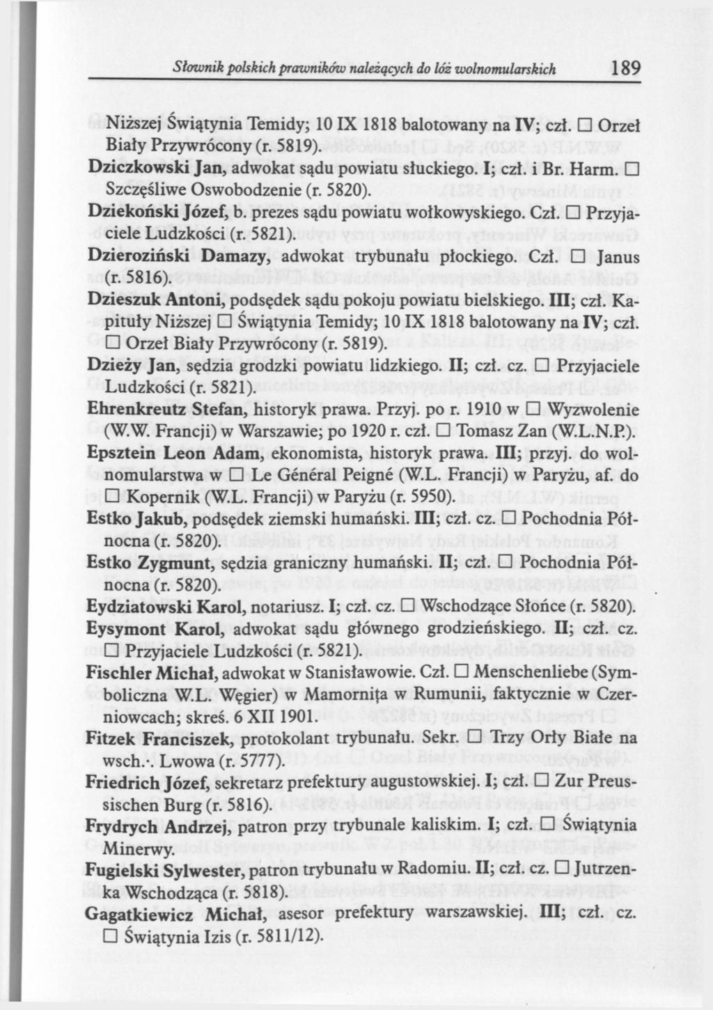 Słownik polskich prwników należących do lóż wolnomularskich 189 Niższej Świątynia Temidy; 10 IX 1818 balotowany na IV; czł. Orzeł Biały Przywrócony (r. 5819).