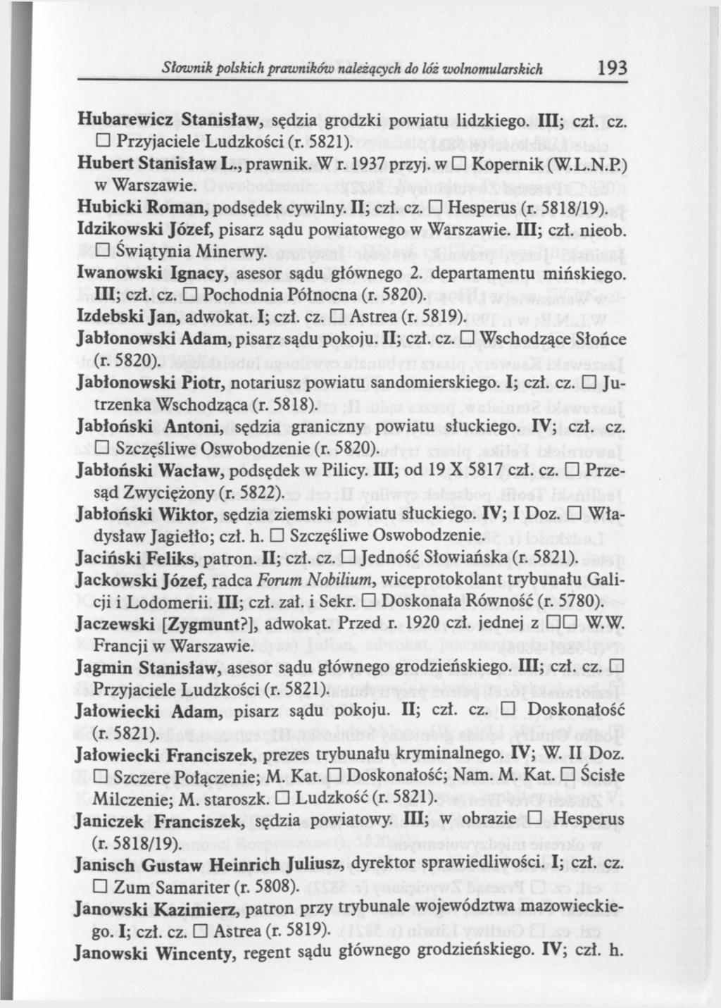 Słownik polskich prwników należących do lóż wolnomularskich 193 Hubarewicz Stanisław, sędzia grodzki powiatu lidzkiego. III; czł. cz. Przyjaciele Ludzkości Hubert Stanisław L., prawnik. W r.