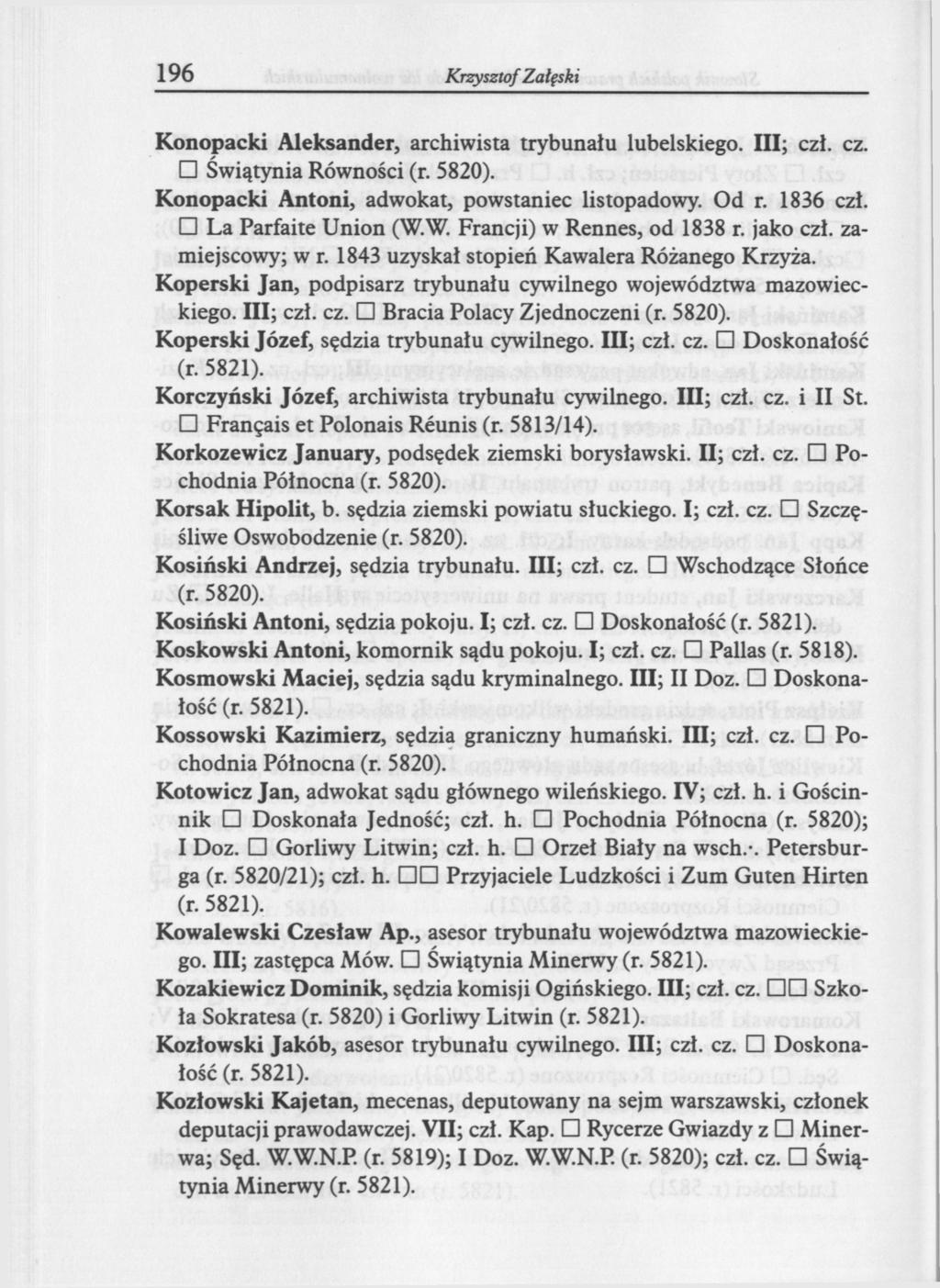 196 Krzysztof Załęski Konopacki Aleksander, archiwista trybunału lubelskiego. III; czł. cz. Świątynia Równości Konopacki Antoni, adwokat, powstaniec listopadowy. Od r. 1836 czł. La Parfaite Union (W.