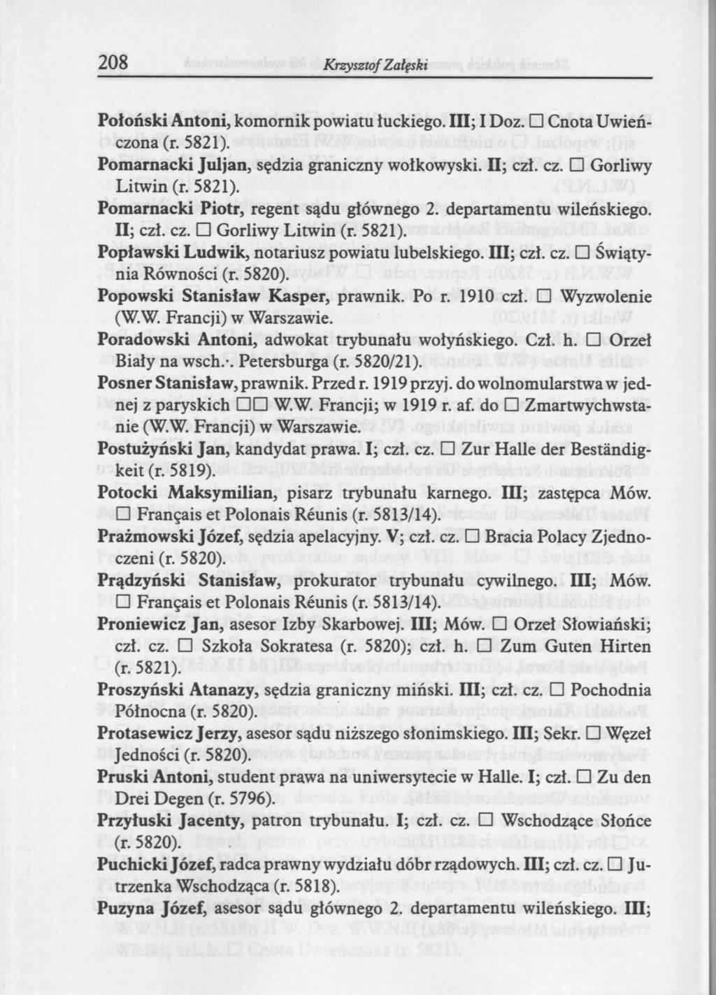 208 Krzysztof Załęski Połoński Antoni, komornik powiatu łuckiego. III; I Doz. Cnota Uwieńczona Pomarnacki Julj an, sędzia graniczny wołkowyski. II; czł