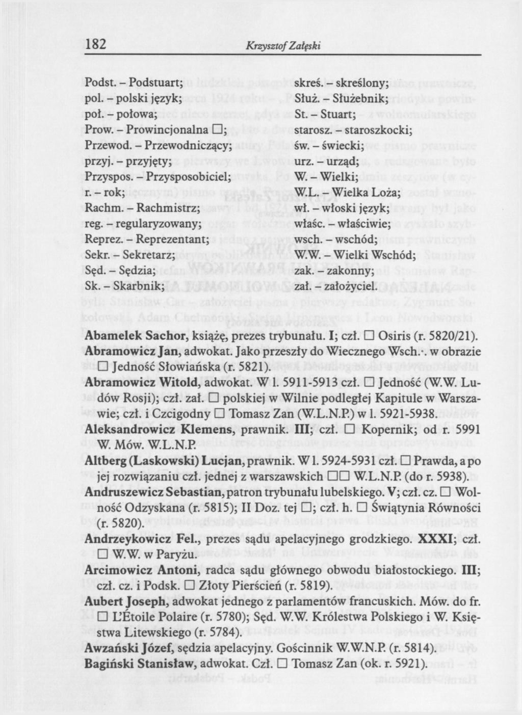 182 Krzysztof Załęski Podst. - Podstuart; pol. - polski język; poi. - połowa; Prow. - Prowincjonalna ; Przewód. - Przewodniczący; przyj. - przyjęty; Przyspos. - Przysposobiciel; r. - rok; Rachm.