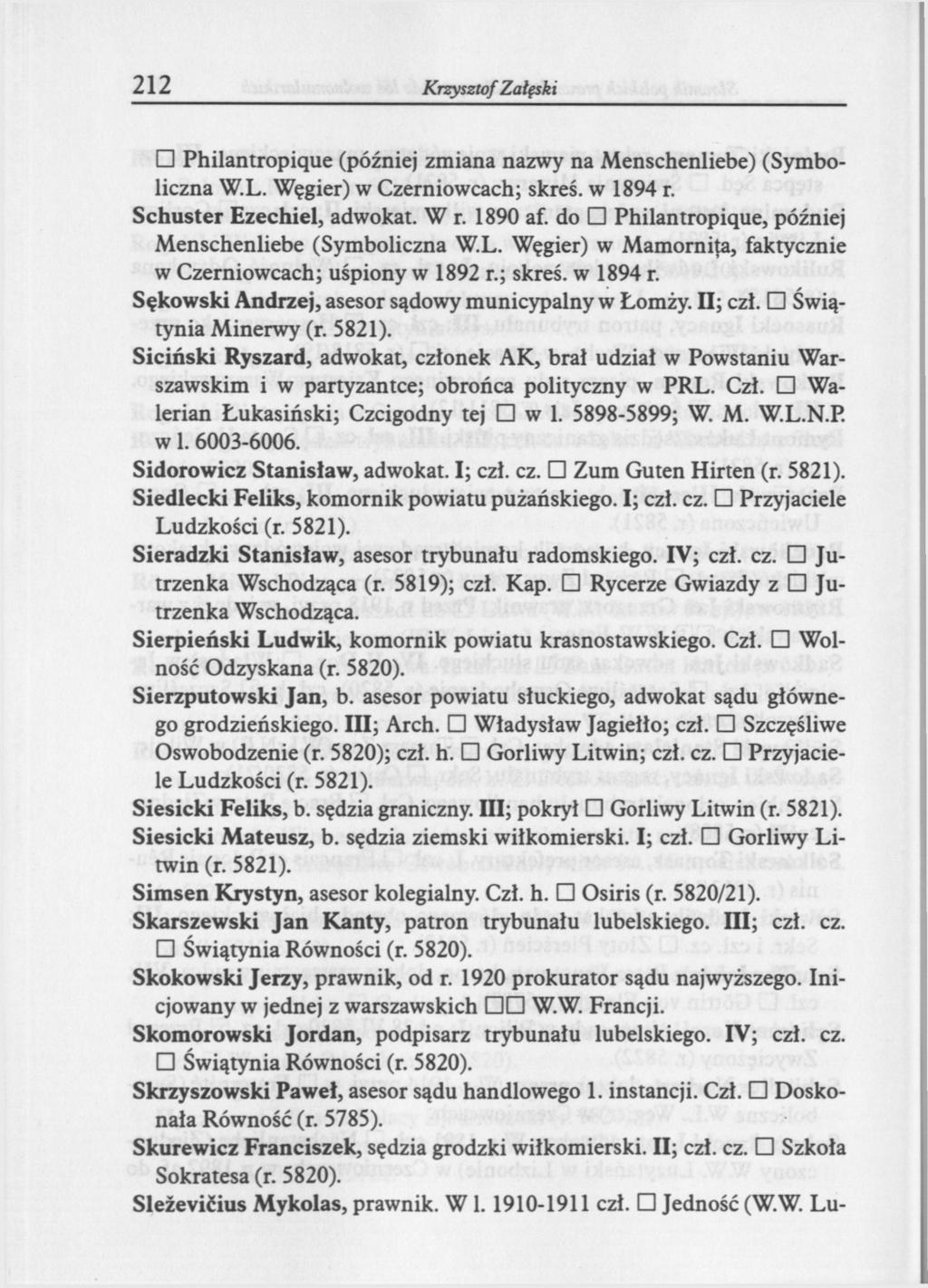 212 Krzysztof Zaęski Philantropiąue (później zmiana nazwy na Menschenliebe) (Symboliczna W.L. Węgier) w Czerniowcach; skreś. w 1894 r. Schuster Ezechiel, adwokat. W r. 1890 af.