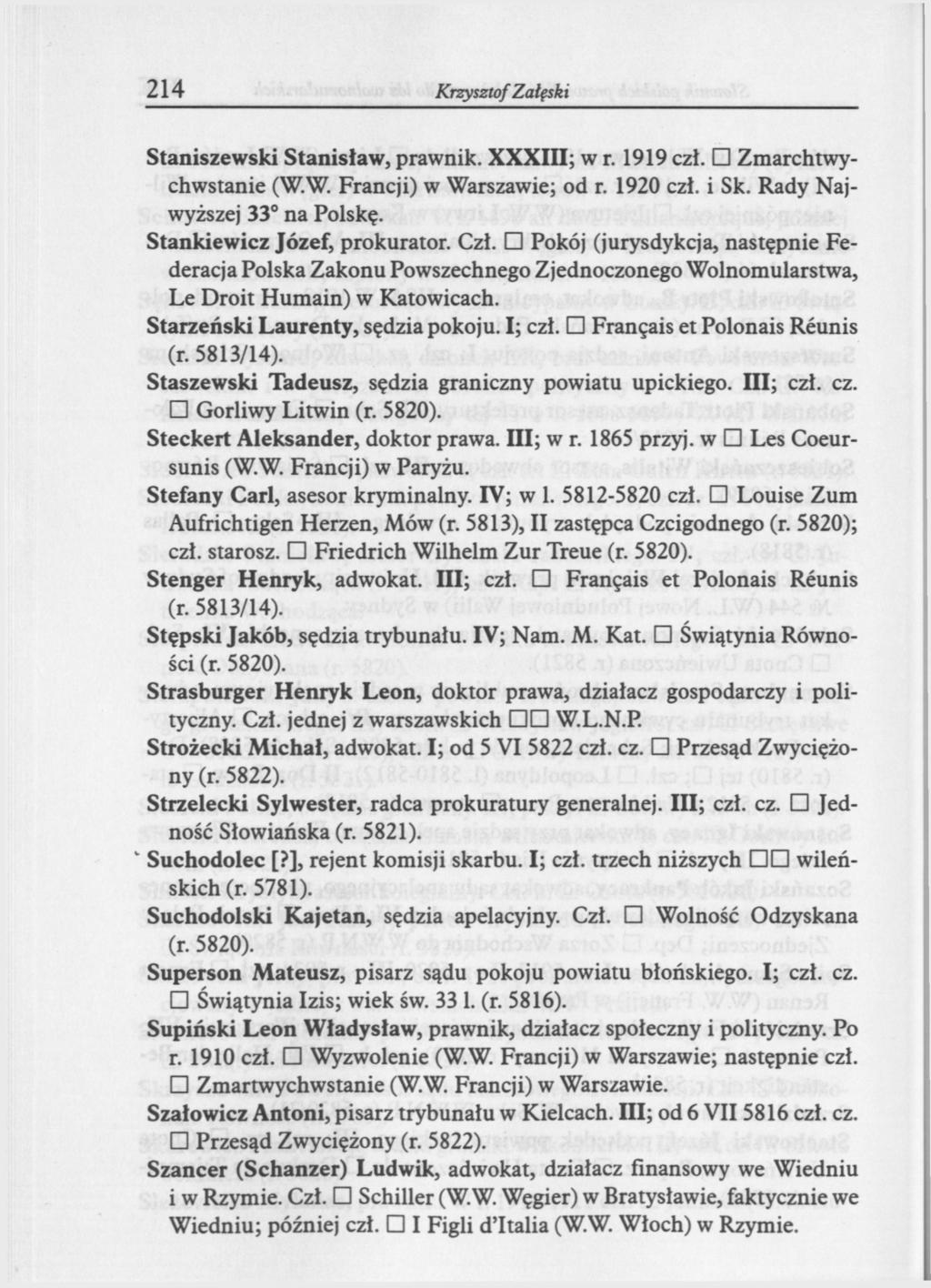 214 Krzysztof Załęski Staniszewski Stanisław, prawnik. XXXIII; w r. 1919 czł. Zmarchtwychwstanie (W.W. Francji) w Warszawie; od r. 1920 czł. i Sk. Rady Najwyższej 33 na Polskę.