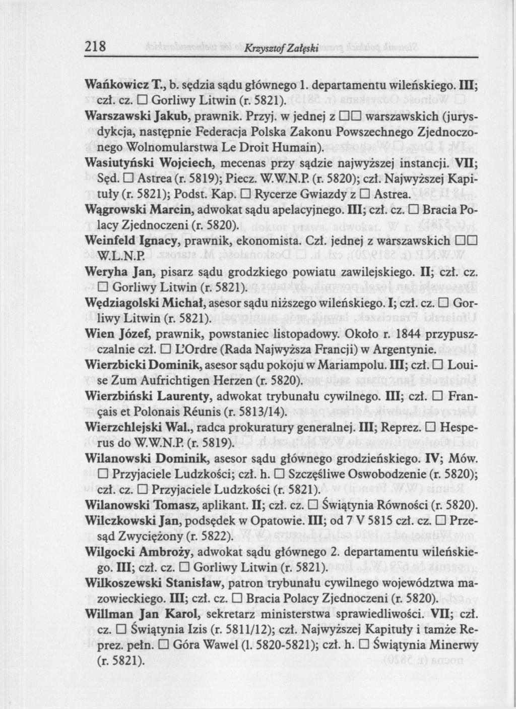 218 Krzysztof Załęski Wańkowicz T., b. sędzia sądu głównego 1. departamentu wileńskiego. III; czł. cz. Gorliwy Litwin Warszawski Jakub, prawnik.