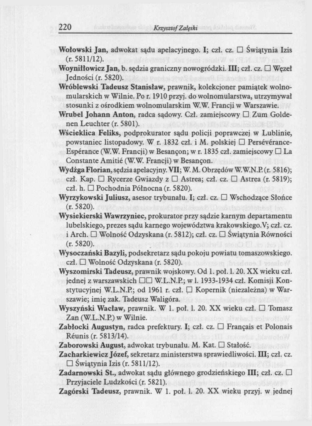 220 Krzysztof Zaęski Wołowski Jan, adwokat sądu apelacyjnego. I; czl. cz. Świątynia Izis (r. 5811/12). Woyniłłowicz Jan, b. sędzia graniczny nowogródzki. III; czł. cz. Węzeł Jedności Wróblewski Tadeusz Stanisław, prawnik, kolekcjoner pamiątek wolnomularskich w Wilnie.