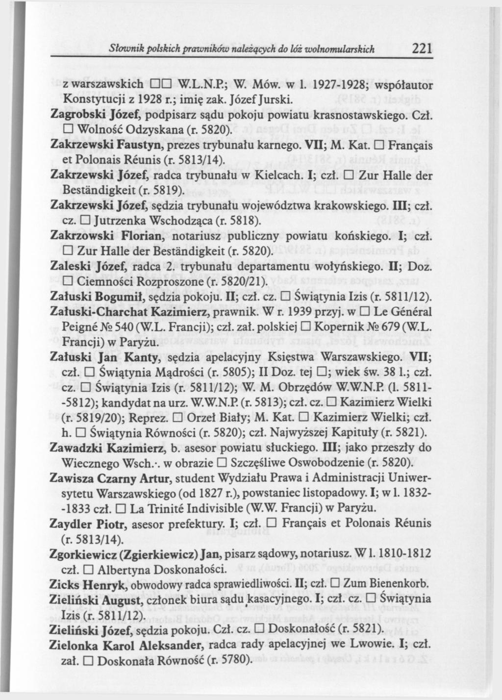 Słownik polskich prwników należących do lóż wolnomularskich 221 z warszawskich W.L.N.P.; W. Mów. w 1. 1927-1928; współautor Konstytucji z 1928 r.; imię zak. Józef Jurski.